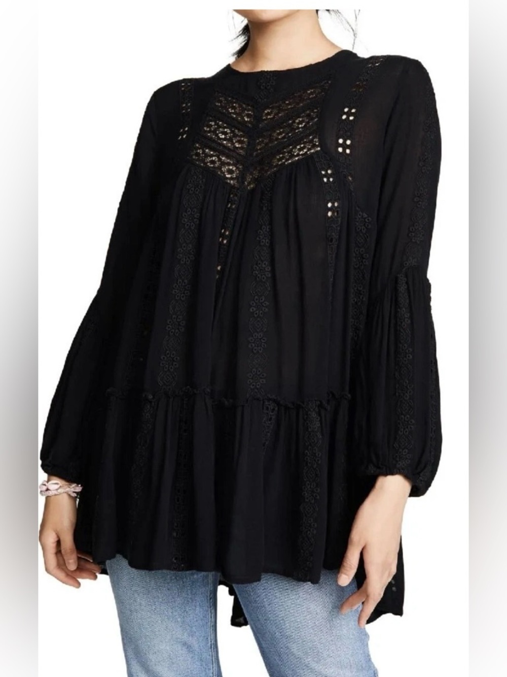 Free People Kiss Kiss Black Embroidered Lace Tunic,Size-Large - Picture 2 of 12